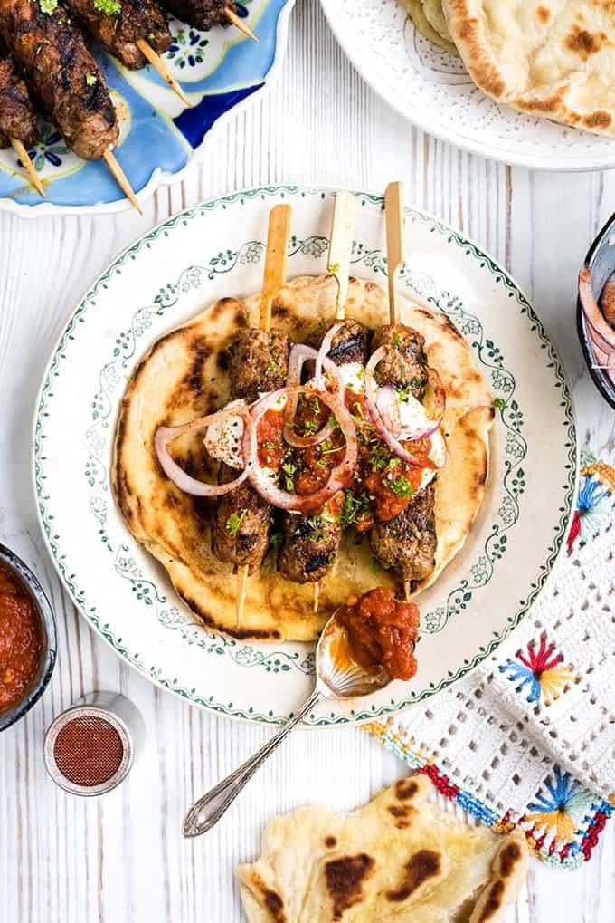 Lamb Kebab with Tomato Sauce and yoghurt