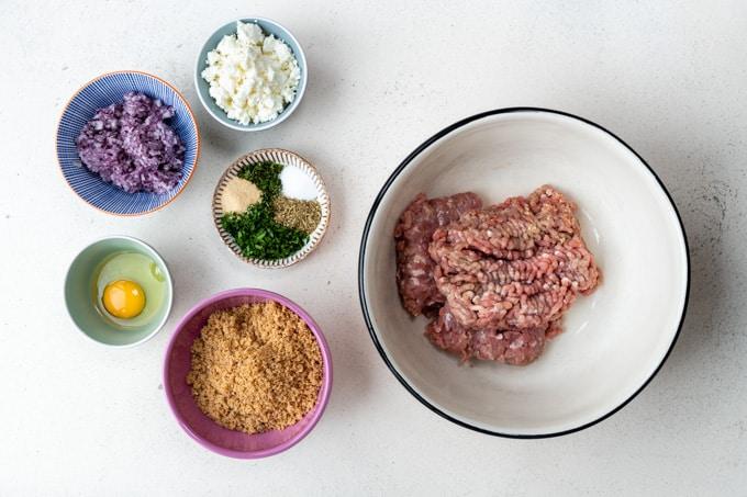 Greek Meatballs ingredients: ground turkey, breadcrumbs, feta cheese, onion, herbs