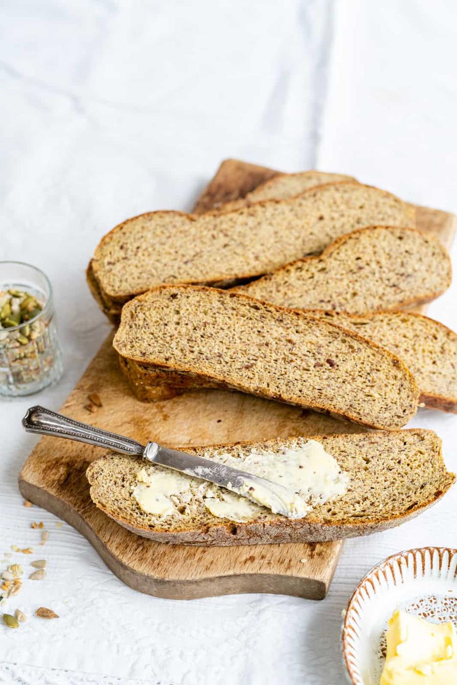 Slices of homemade Keto bread on a wooden board