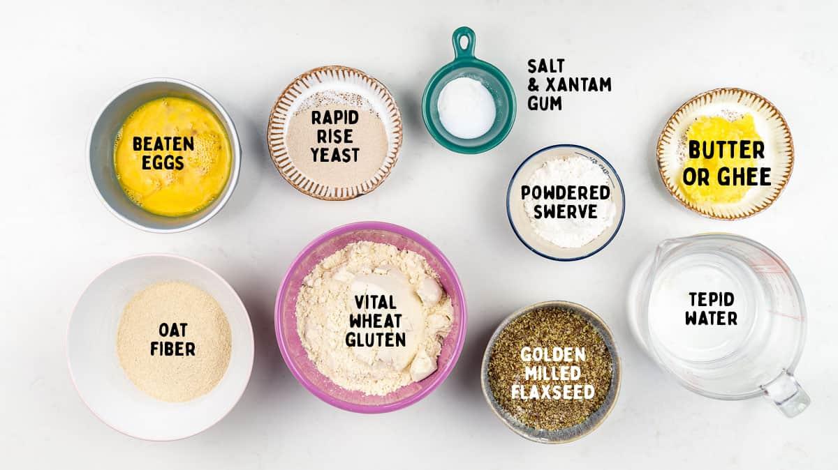 Ingredients for homemade keto bread measured into bowls