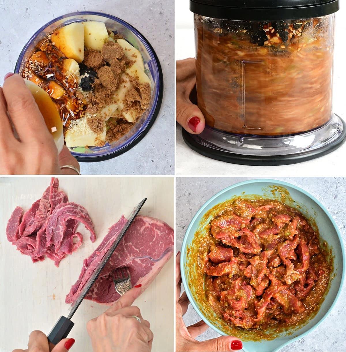 A four-step collage shows making Korean bulgogi sauce marinade: adding ingredients to a blender, blending them, slicing raw beef, and mixing the beef with the marinade in a bowl.
