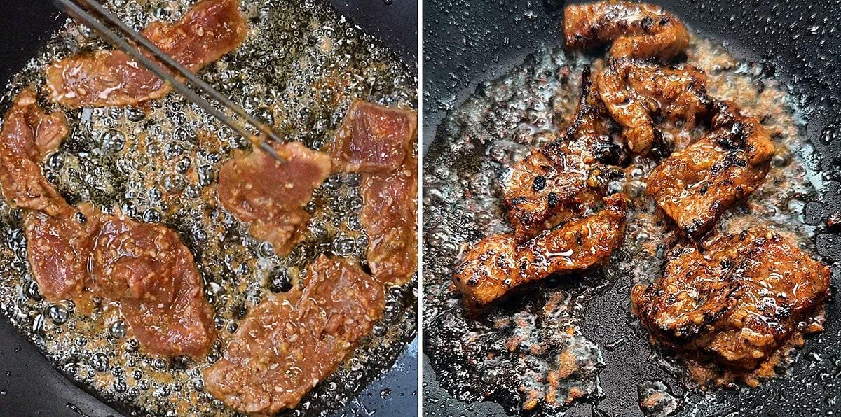 Two side-by-side images: on the left, raw marinated beef slices fry in bubbling oil; on the right, the beef is cooked, dark brown, and caramelized in the pan.