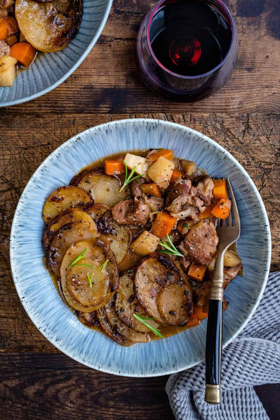 serving of Lamb hotpot in a bowl (overhead view)