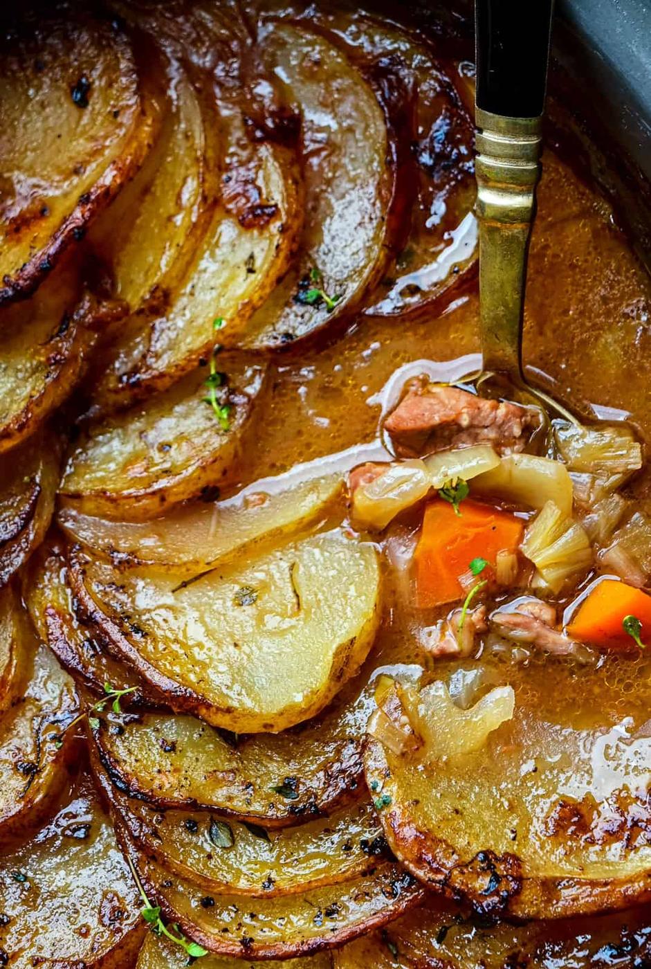 Close up on Lancashire lamb hotpot with crisp potato topping