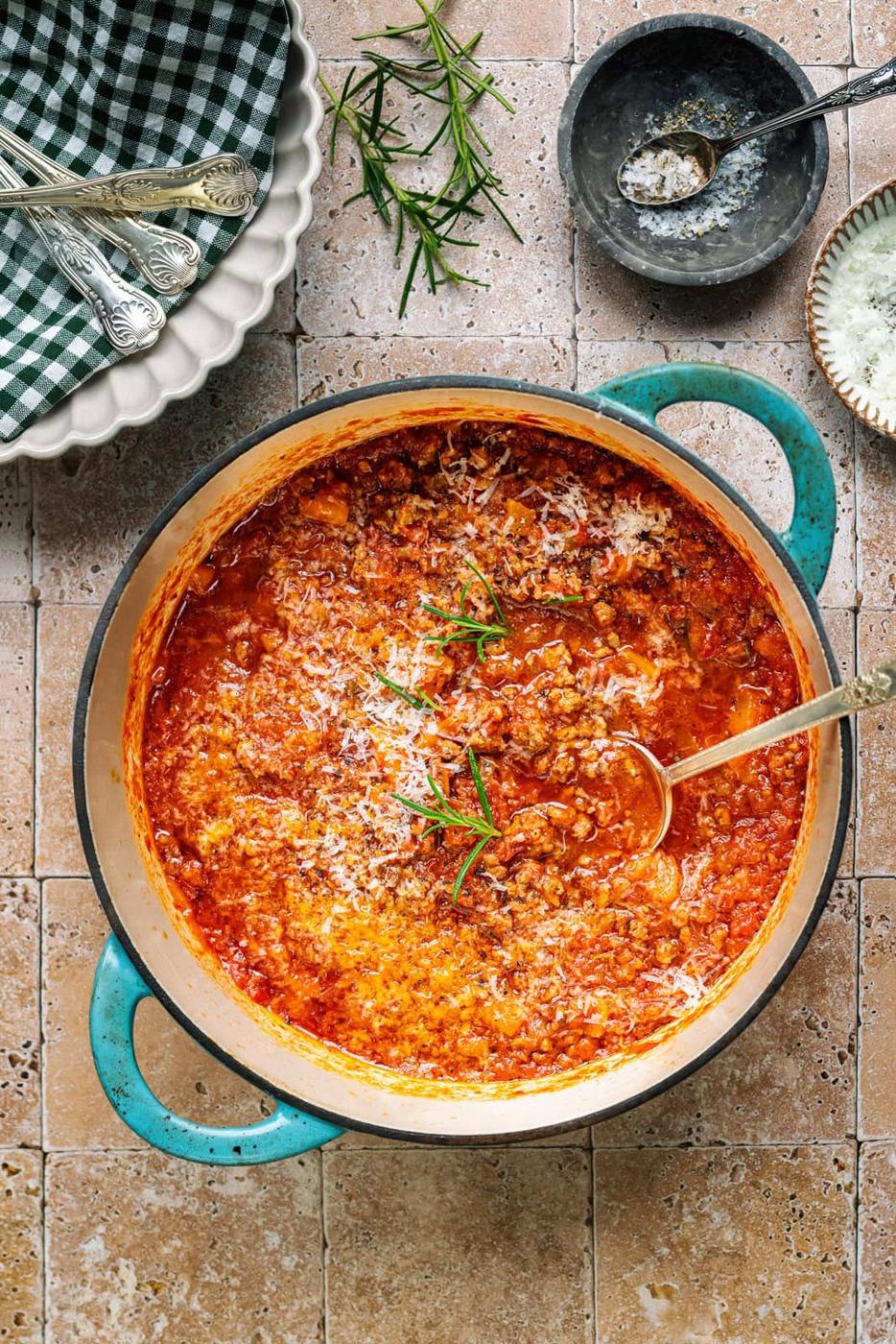 Pot with slow cooked lamb ragu sauce