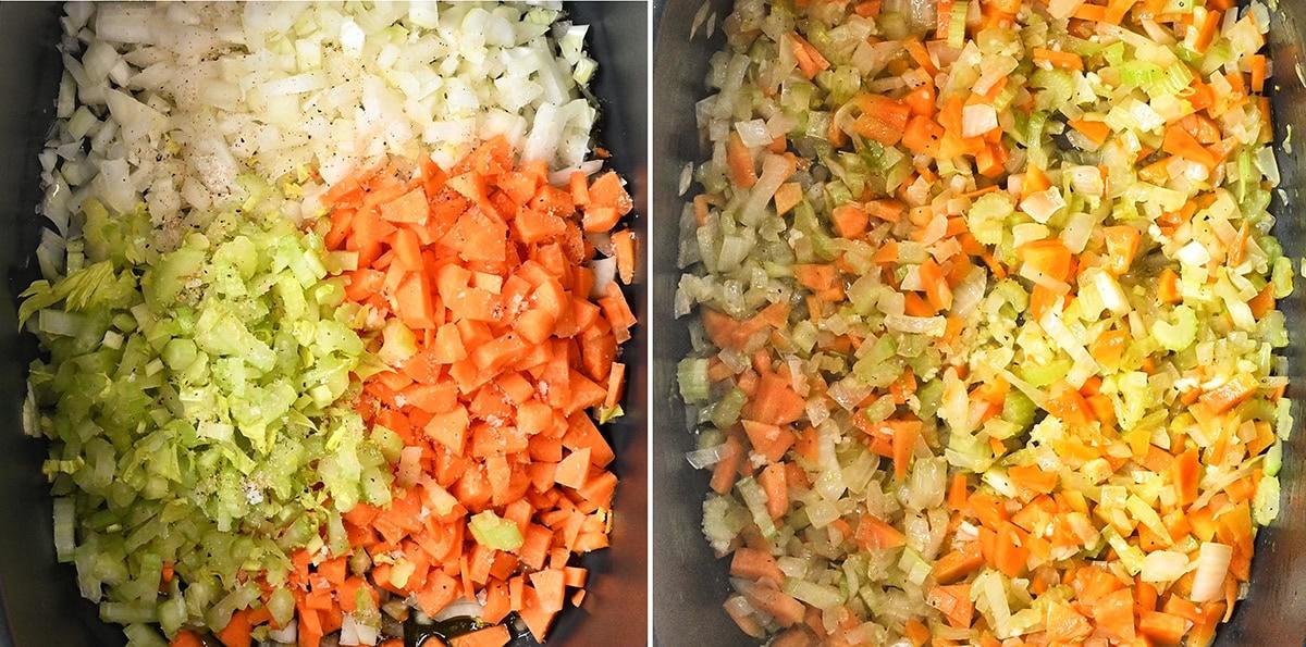 process shots showing onion, carrots and celery before and after sweating (collage)