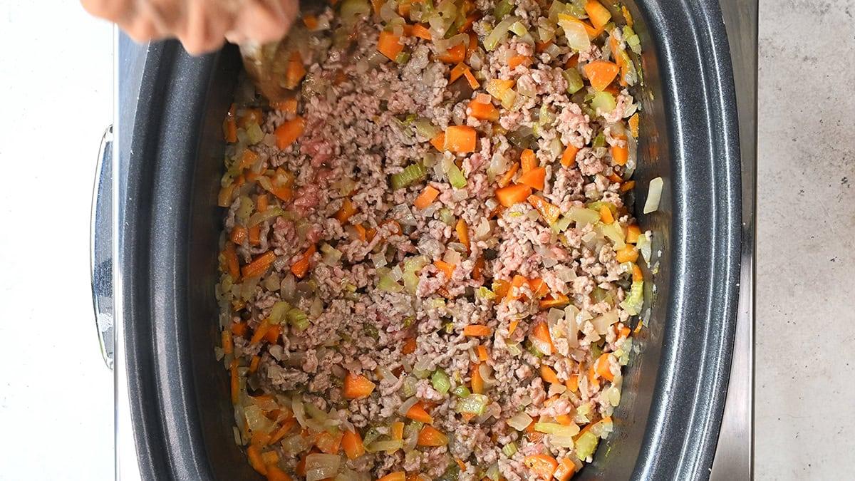 browning ground lamb with soffrito close up