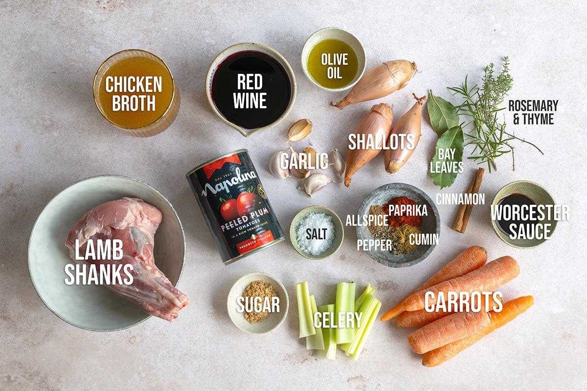 ingredients for Greek Lamb shank recipe, labelled