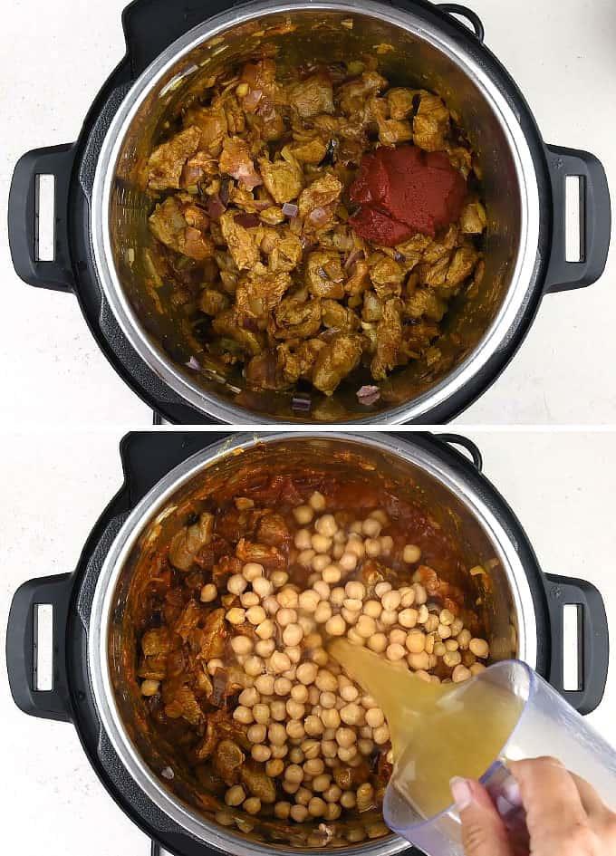 Two images of an Instant Pot: the top features meat, spices, onions, and tomato paste for a Moroccan Lamb Tagine recipe; the bottom shows chickpeas being added as liquid is poured in from a measuring cup.