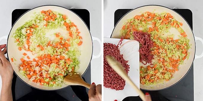 Preparing Bolognese sauce for lasagna collage
