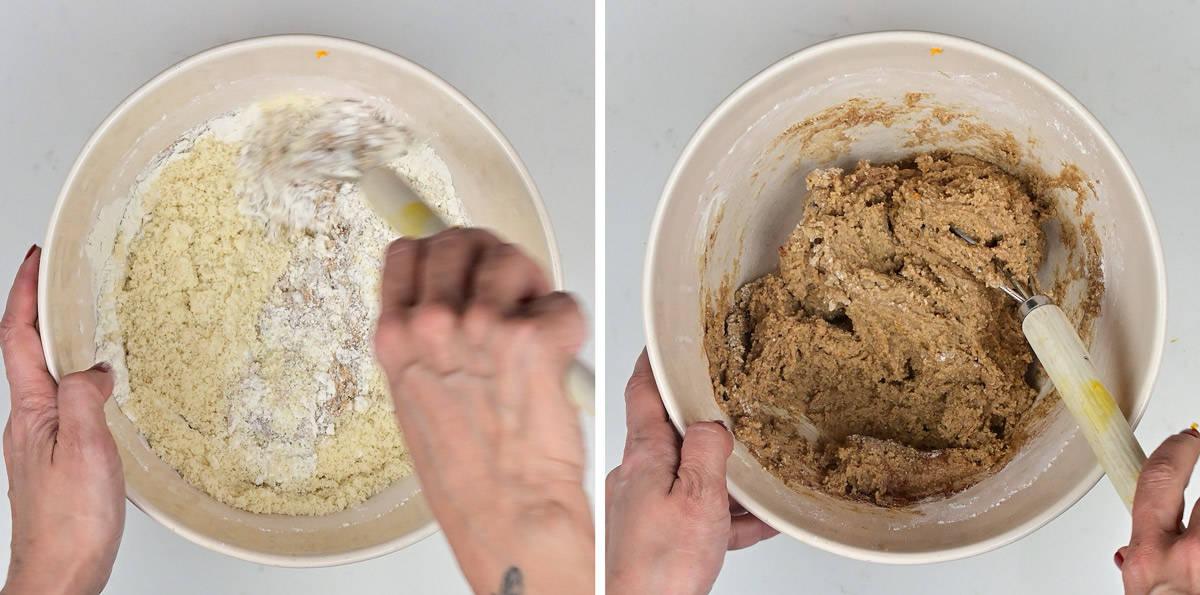 Stiring ground almonds and flour into a mixing bowl to make lebkuchen cookie dough