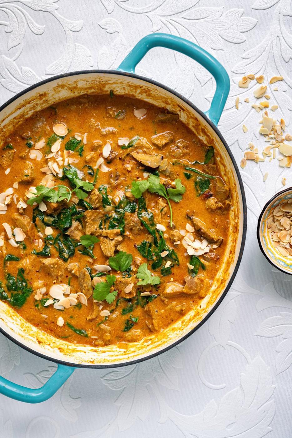 overhead view of turkey curry in a casserole dish