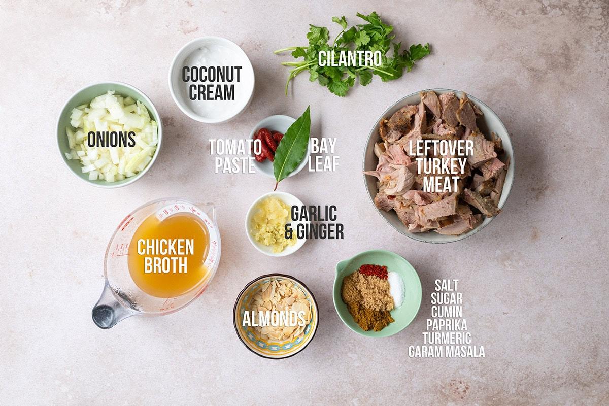 turkey curry ingredients, labelled