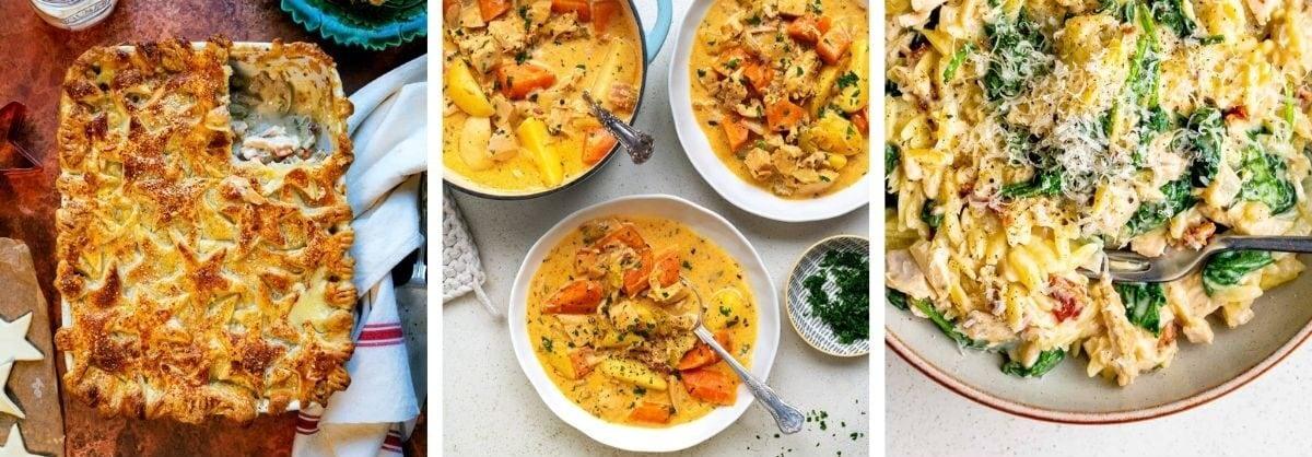 A collage showing three dishes: a baked Leftover Turkey Pie with a golden crust and a serving missing, two bowls of creamy turkey stew with vegetables, and a plate of creamy pasta with turkey and greens topped with grated cheese.
