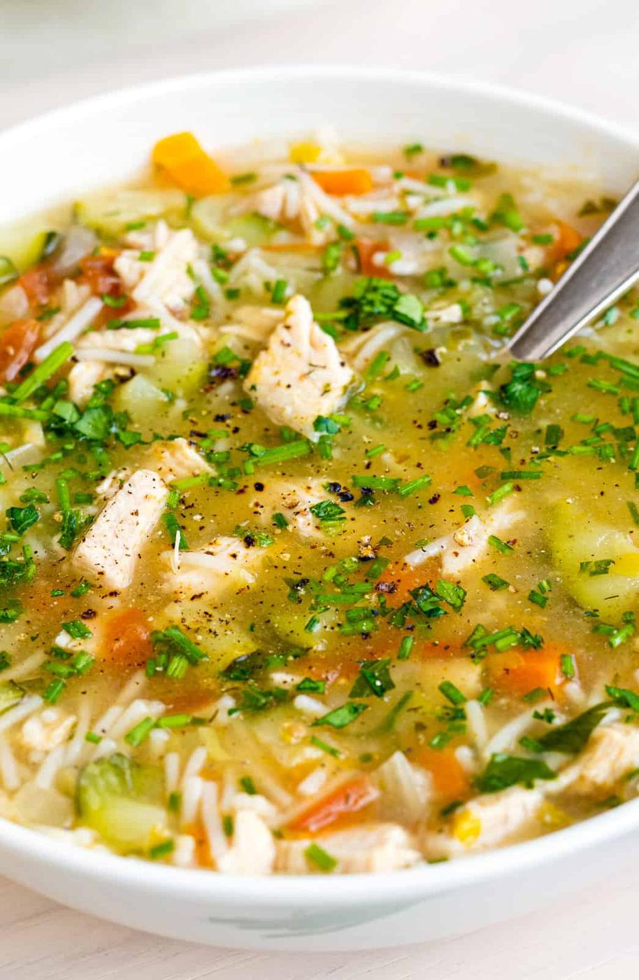 close up on a bowl of turkey soup