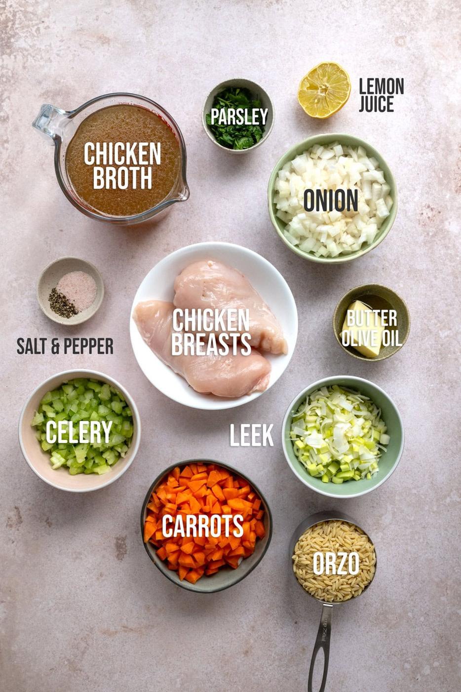 Ingredients for Lemon Chicken Orzo soup, labelled