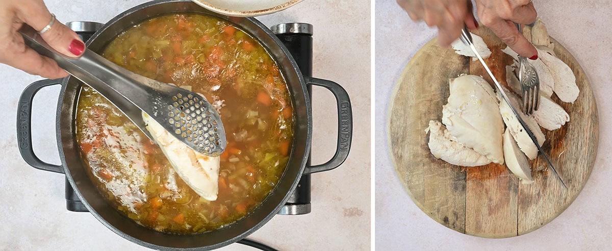 removing cooked chicken breast from soup with tongs (left), slicing cooked chicken (right)