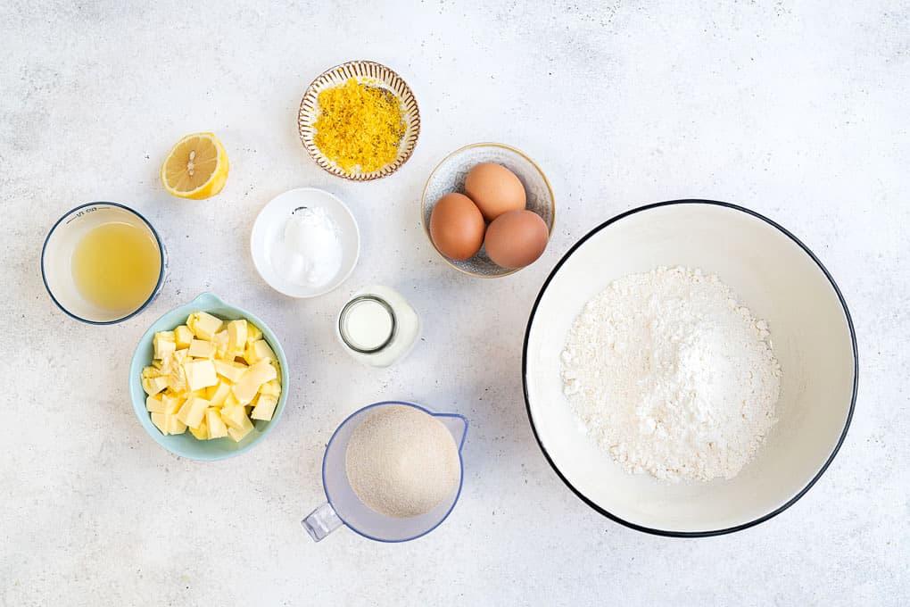 All the ingredients you will need to make a lemon drizzle cake