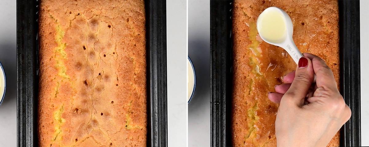 Soaking a lemon loaf with lemon syrup collage