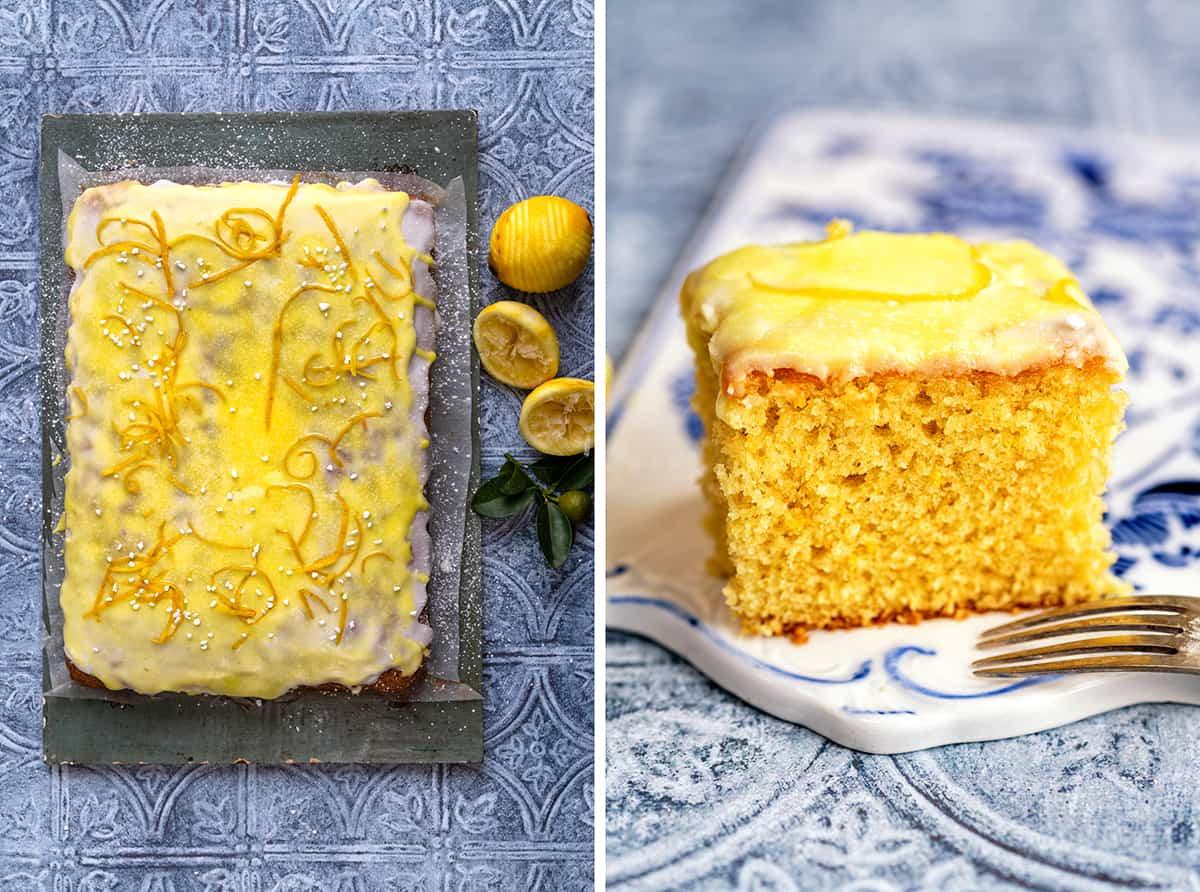 Lemon drizzle traybake collage showing the full cake and a slice