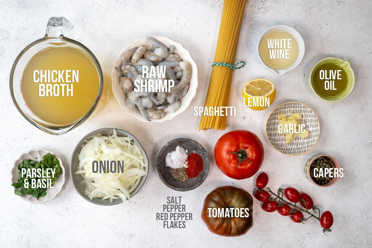 ingredients for lemon garlic shrimp pasta with captions