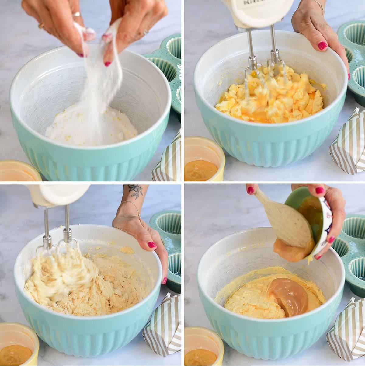 Four-step collage showing hands adding sugar, mixing with a hand mixer, blending batter, and pouring caramel into a blue mixing bowl for baking, with cupcake liners and small bowls nearby on the table.