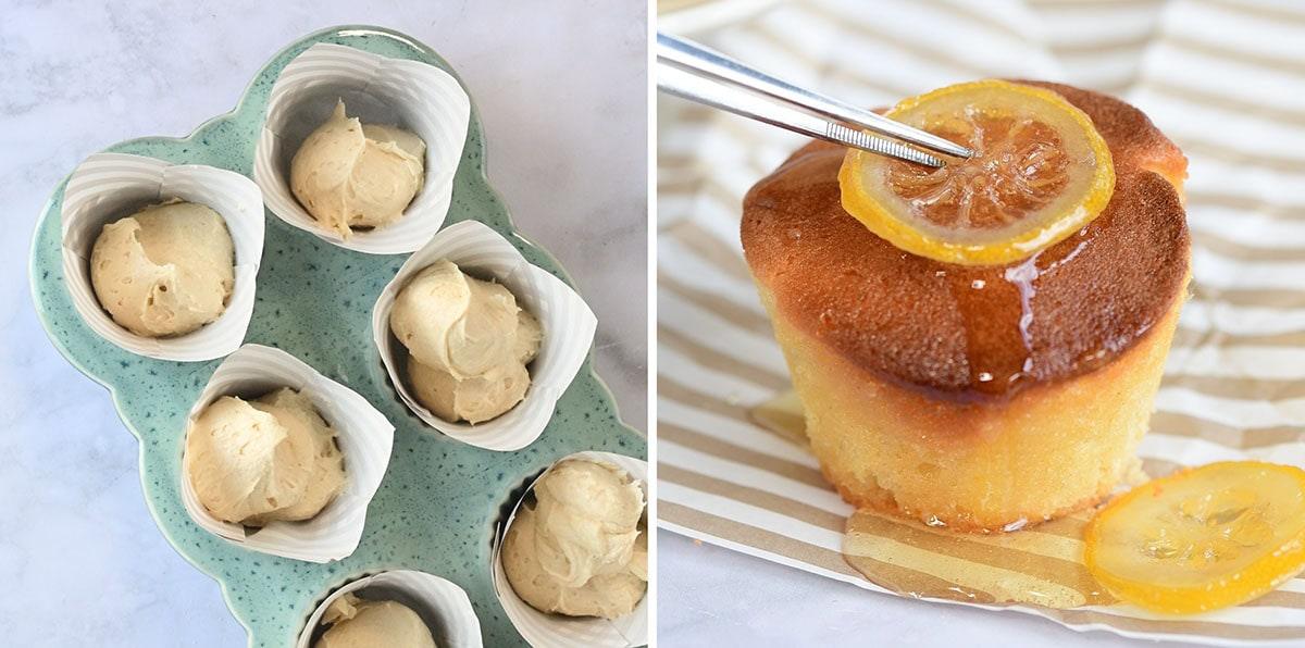 Left: Unbaked lemon muffin batter in striped paper cups in a muffin tray. Right: Baked lemon curd muffins topped with a candied lemon slice and syrup on a striped plate, with metal tongs placing the lemon.