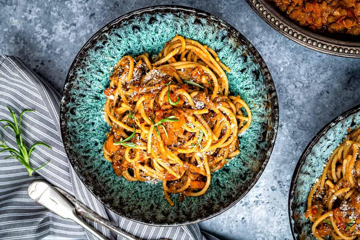 Lentil Rague served with spaghetti