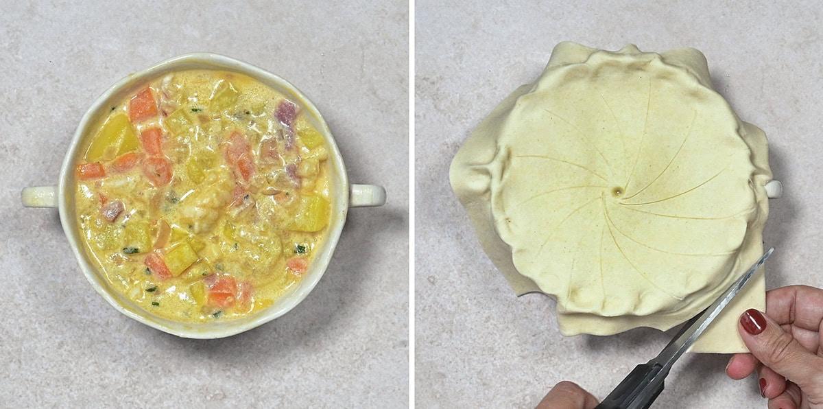 lobster pot pie in a small ceramic dish prior to baking
