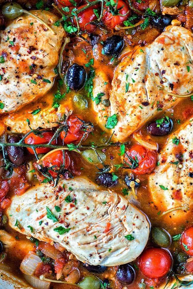 Close up on Chicken Puttanesca