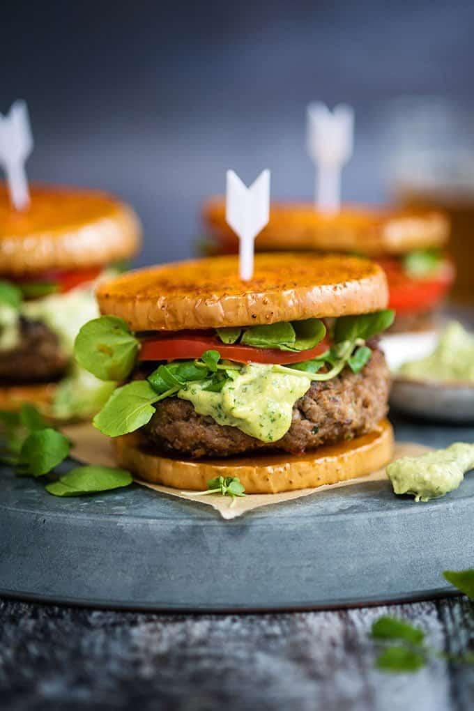Greek lamb burgers with tahini dressing on squash ‘buns’