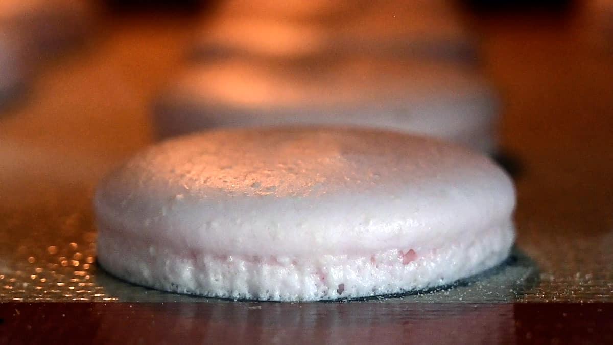 Close-up of pink macarons on a baking tray in the oven showing how the feet develop during baking