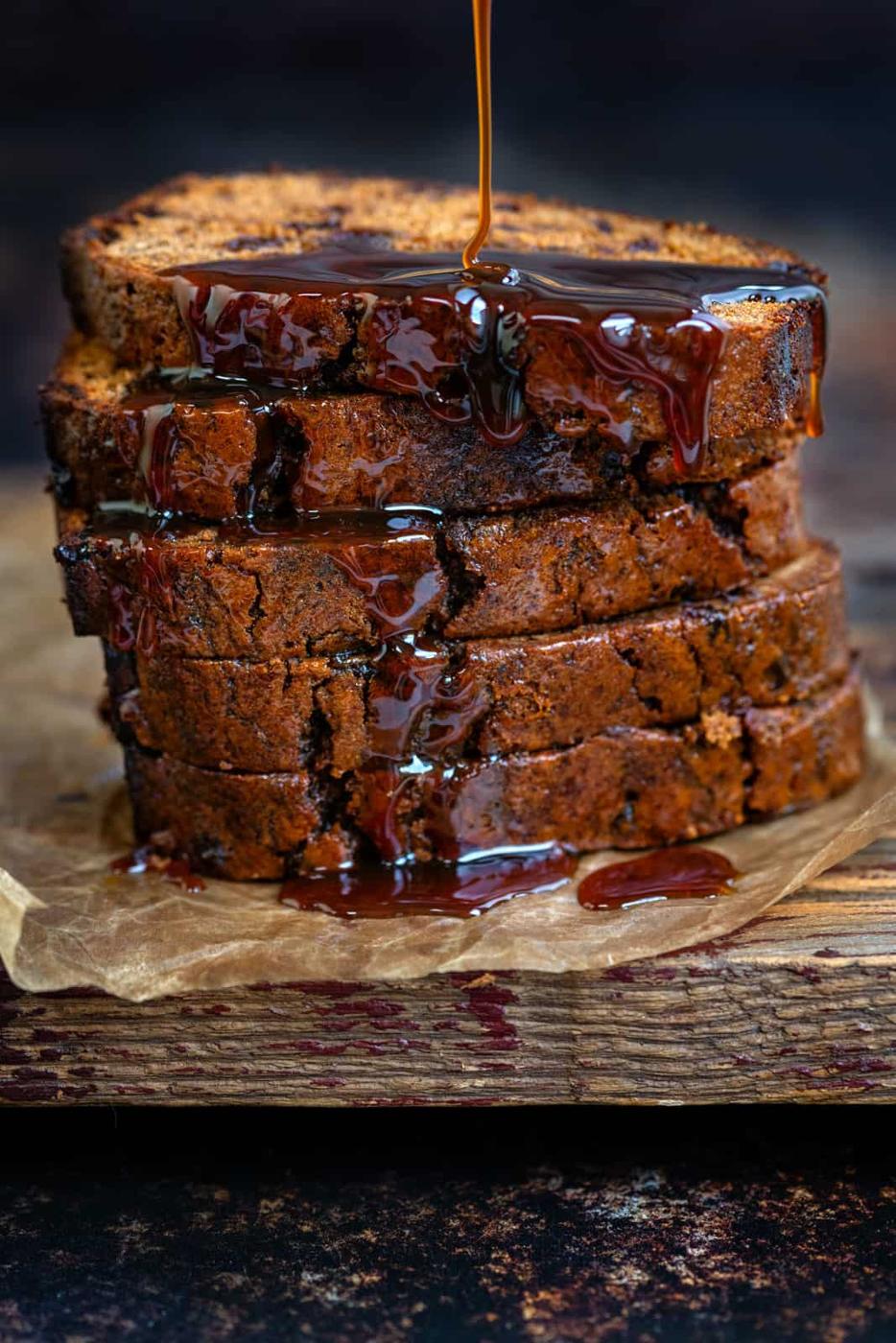 Sliced malt loaf drizzled with malt extract