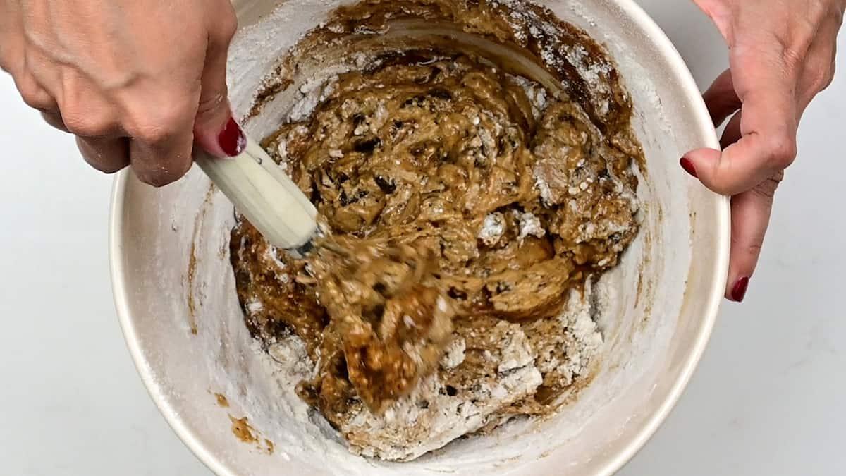 mixing malt loaf batter in a bowl
