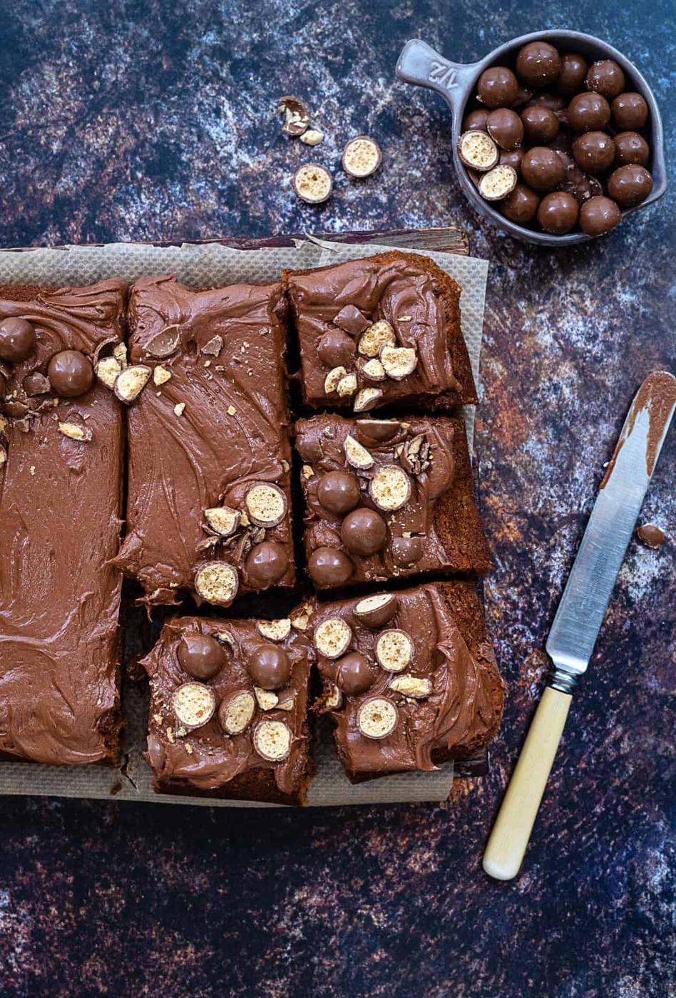 Malteser traybake sliced into squares