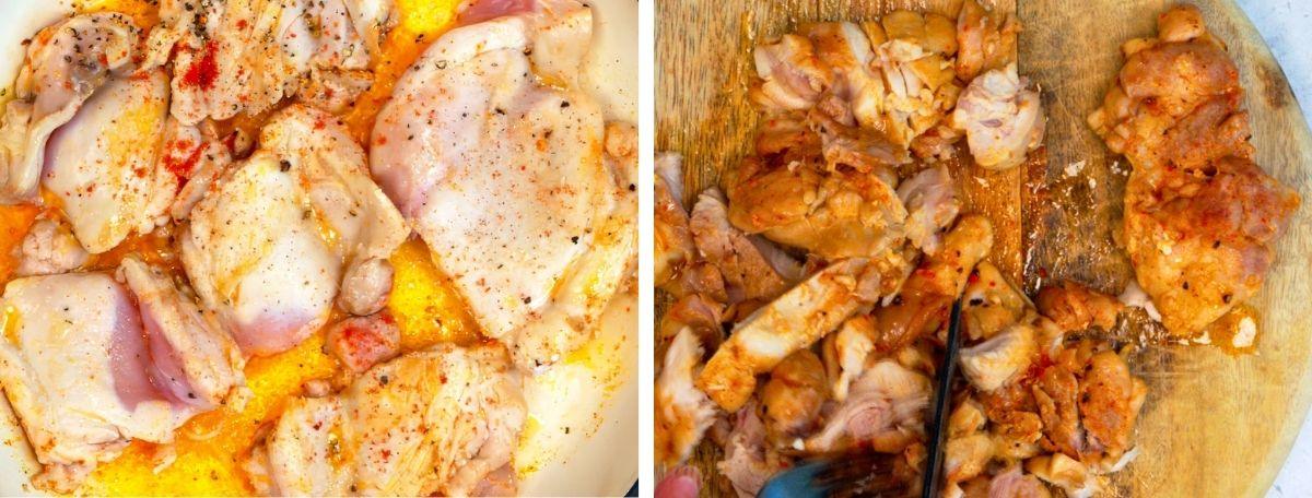 Raw, seasoned chicken pieces in a pan on the left; cooked, chopped chicken pieces on a wooden cutting board with a fork on the right.
