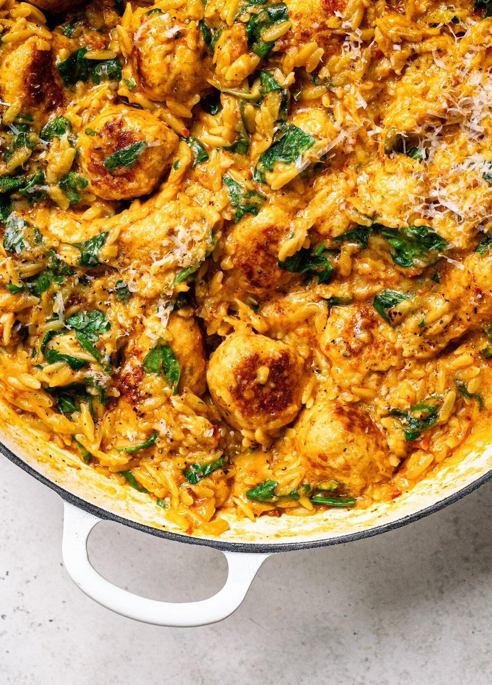 marry me chicken meatballs cooked with orzo in a cramy tomato sauce
