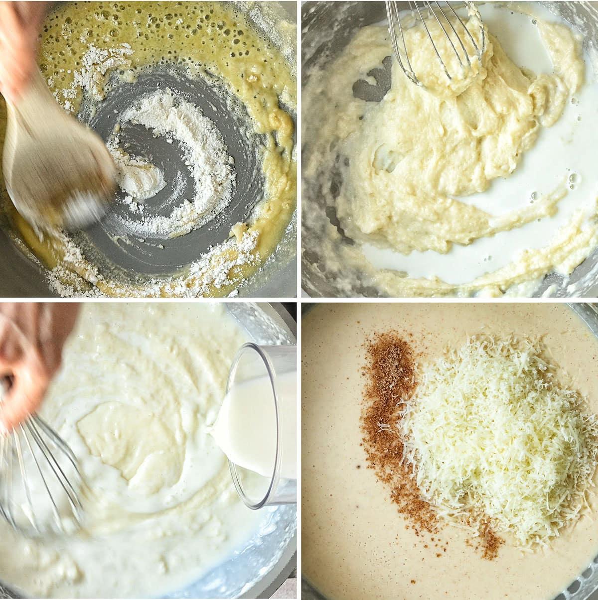 A collage of four images showing the steps to make bechamel sauce. Top left: stirring flour and butter. Top right: adding milk to the mixture. Bottom left: whisking more milk into the mix. Bottom right: sauce topped with grated cheese and seasoning.