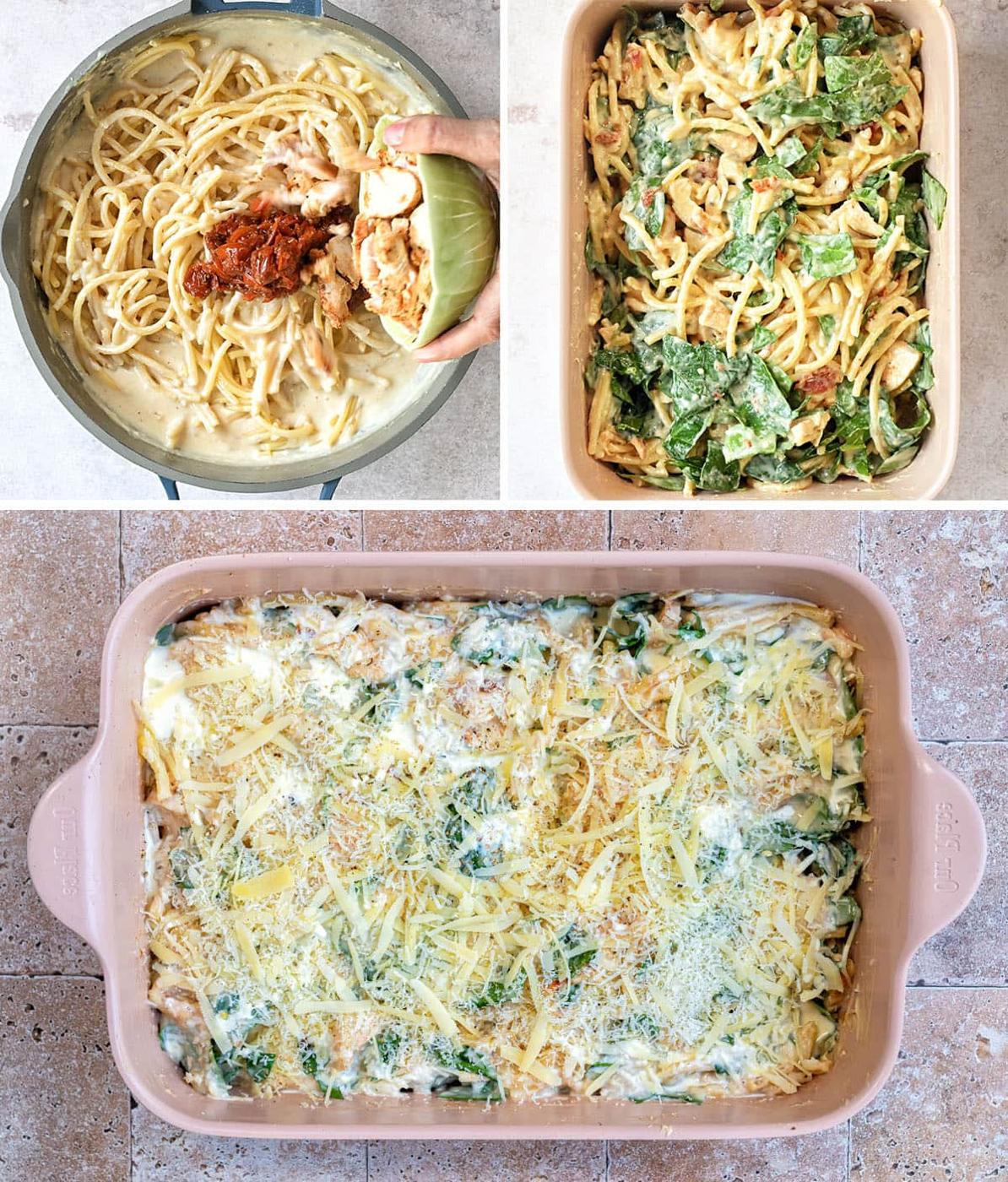 Three images show the stages of preparing a pasta bake. Top left: Cooked pasta with sauce and sun-dried tomatoes. Top right: Mixed with fresh spinach and cheese. Bottom: The dish in a casserole, topped with grated cheese, ready to bake.