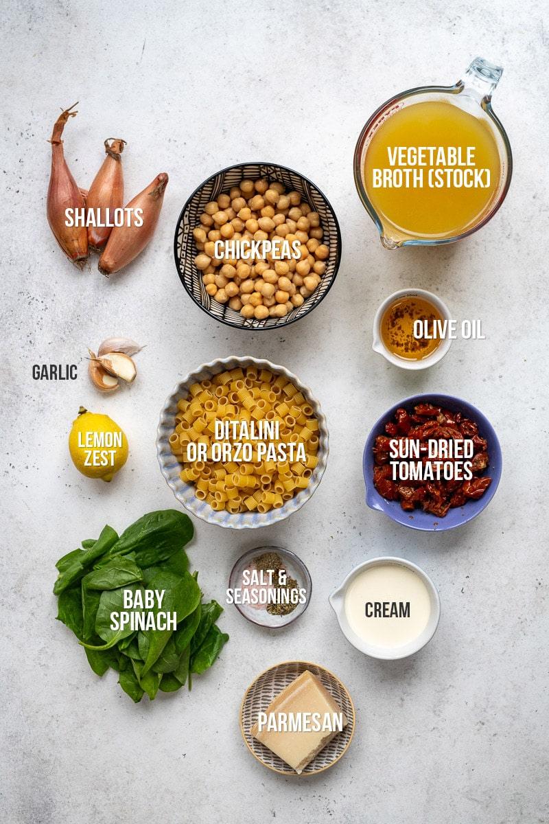 ingredients for Marry me chickpea recipe in various containers with captions