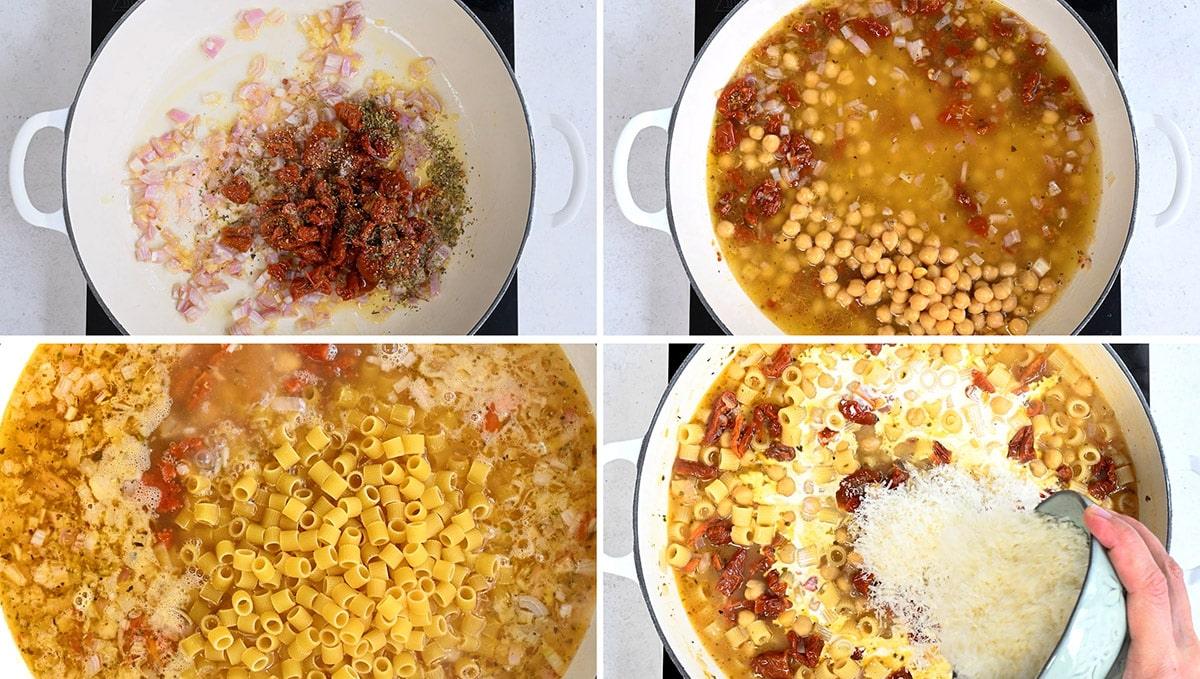 collage showing the process of making marry me chickpea pasta