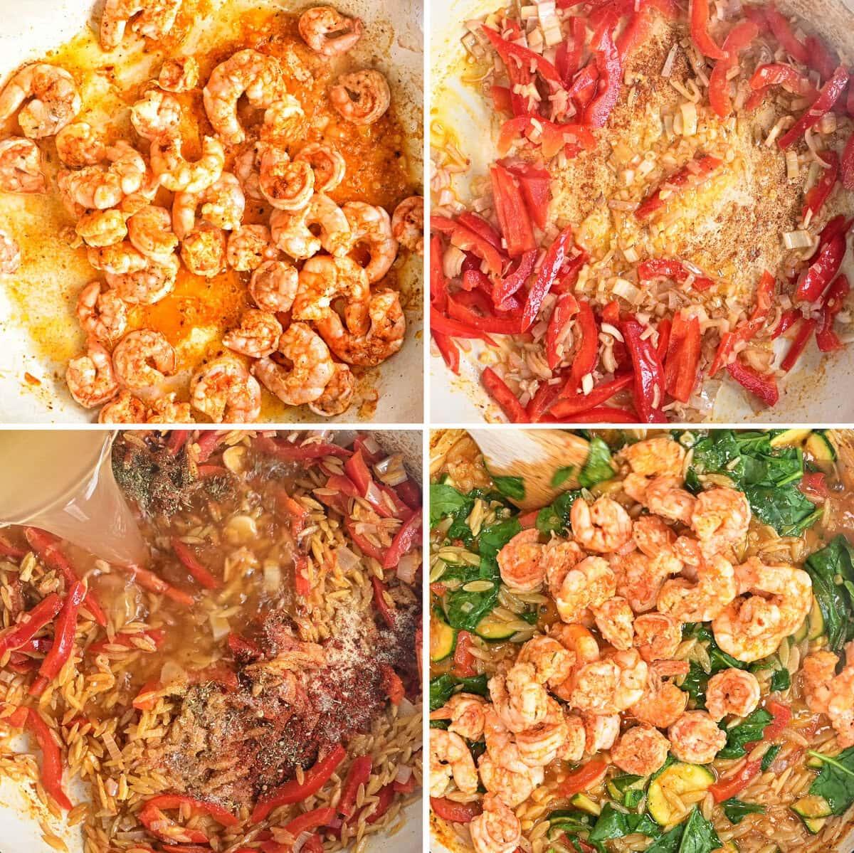 A collage of four photos showing a shrimp and orzo dish being prepared: cooking shrimp with spices, sautéing onions and red peppers, adding broth and orzo, and mixing in fresh spinach with the cooked ingredients.