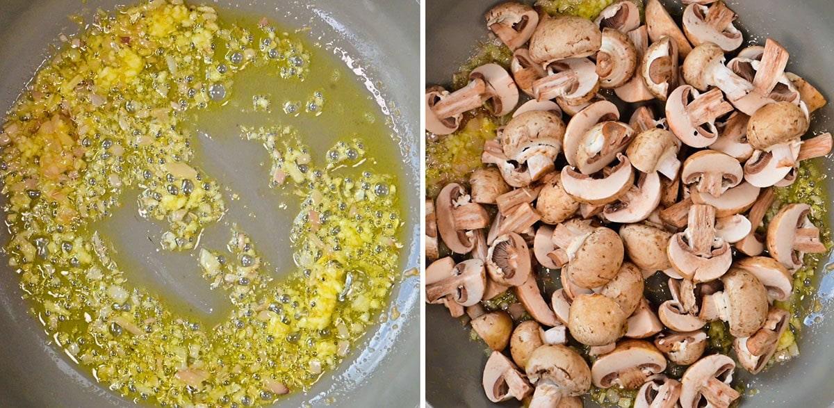 Side-by-side images: on the left, chopped garlic and onions sizzling in oil; on the right, sliced mushrooms added to the pan with the garlic and onions, ready to be cooked.