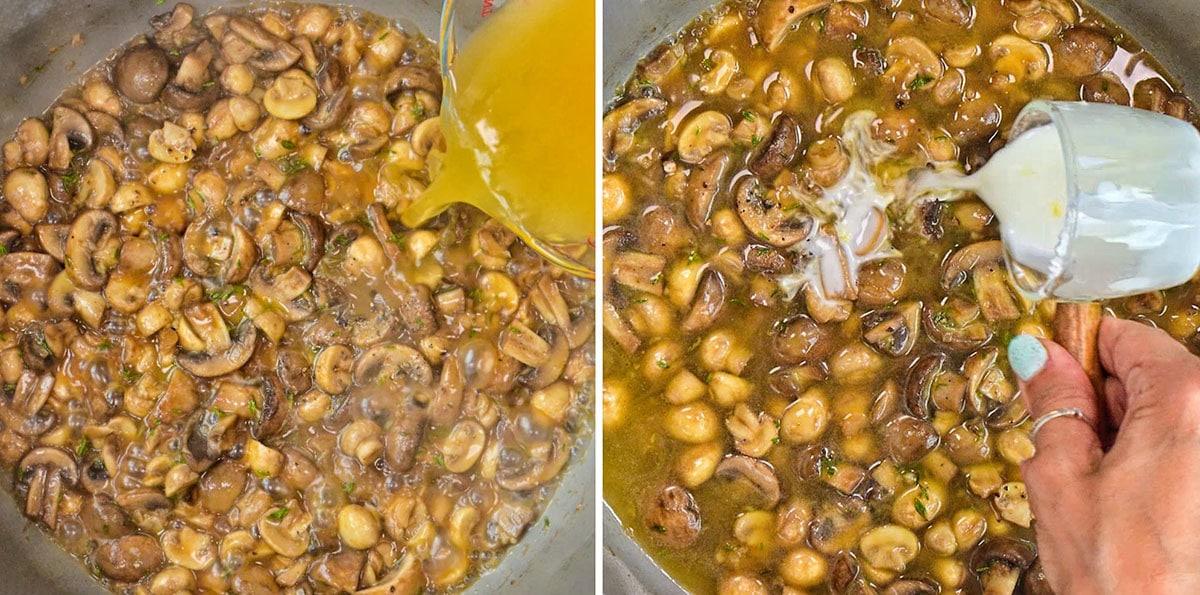 Side-by-side images show chopped mushrooms being cooked in a pan. On the left, broth is being poured over the mushrooms. On the right, a hand adds a white liquid to the pan, likely cream, to make a sauce.
