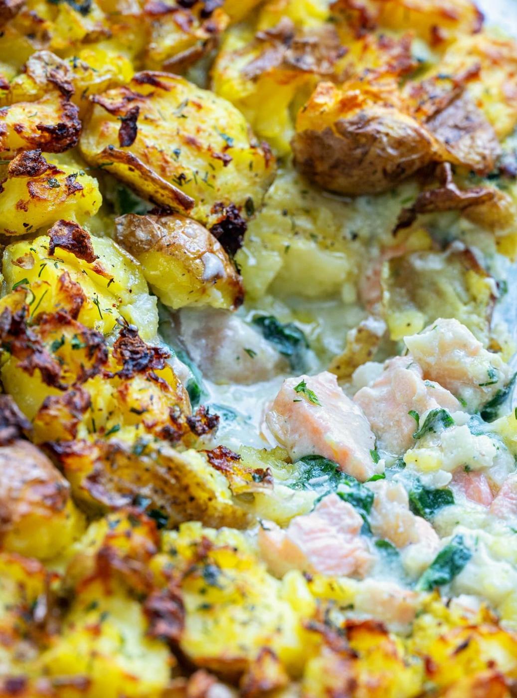 Close up on fish pie with potato topping