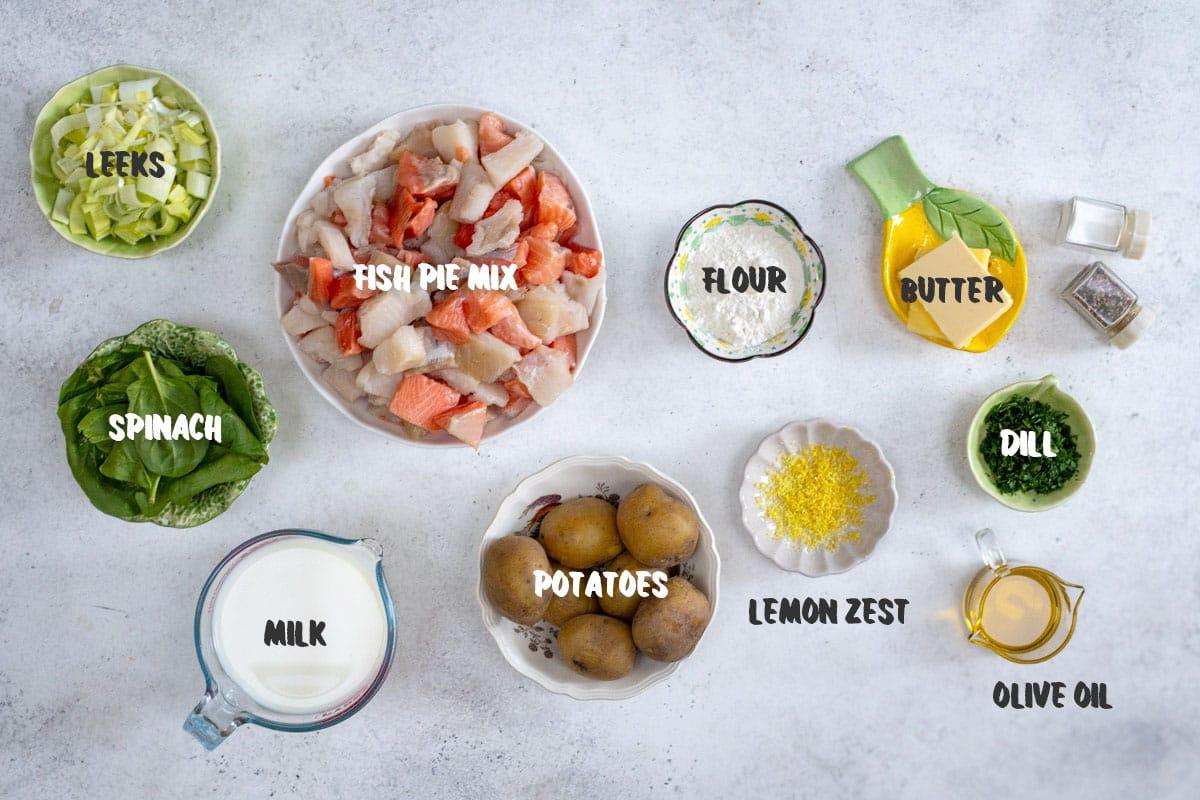 ingredient for Mary Berry's Fish pie with crushed potato topping