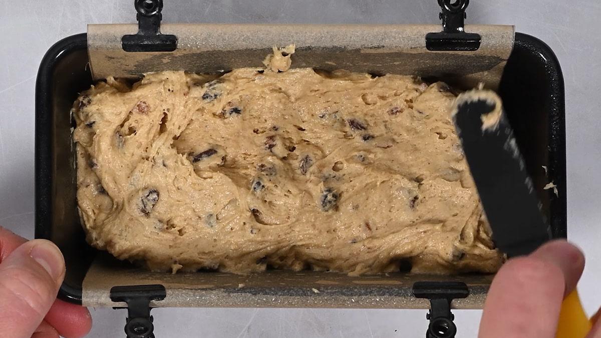 mincemeat cake batter in a small loaf tin