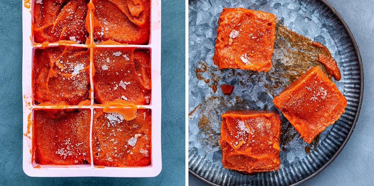Two-panel image: left shows an ice cube tray filled with red-orange frozen cubes sprinkled with salt; right shows three thawed cubes on a dark plate with visible salt on top and a bit of melted residue.