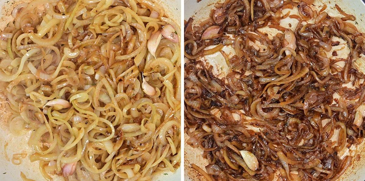 Side-by-side images showing onions in a pan: on the left, onions are lightly cooked and pale; on the right, onions are deeply caramelized and browned.