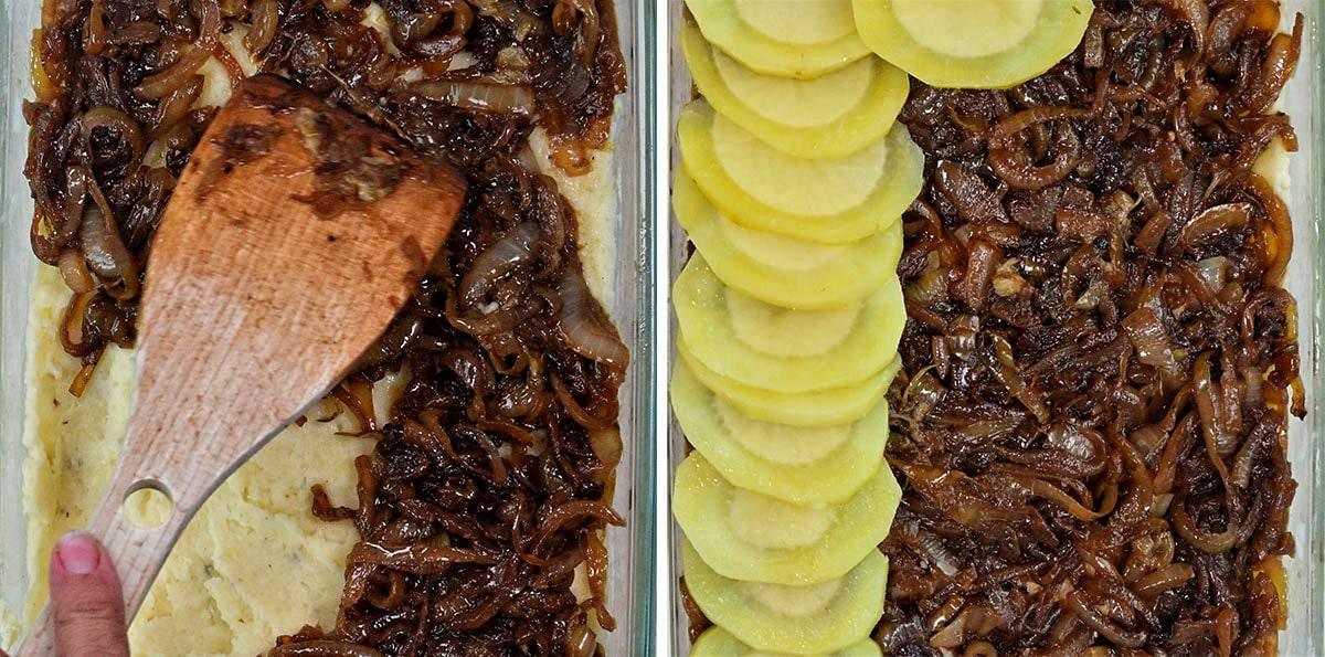Split image showing a hand spreading caramelized onions over mashed potatoes with a wooden spatula on the left, and layered potatoes, caramelized onions, and mashed potatoes in a glass dish on the right.
